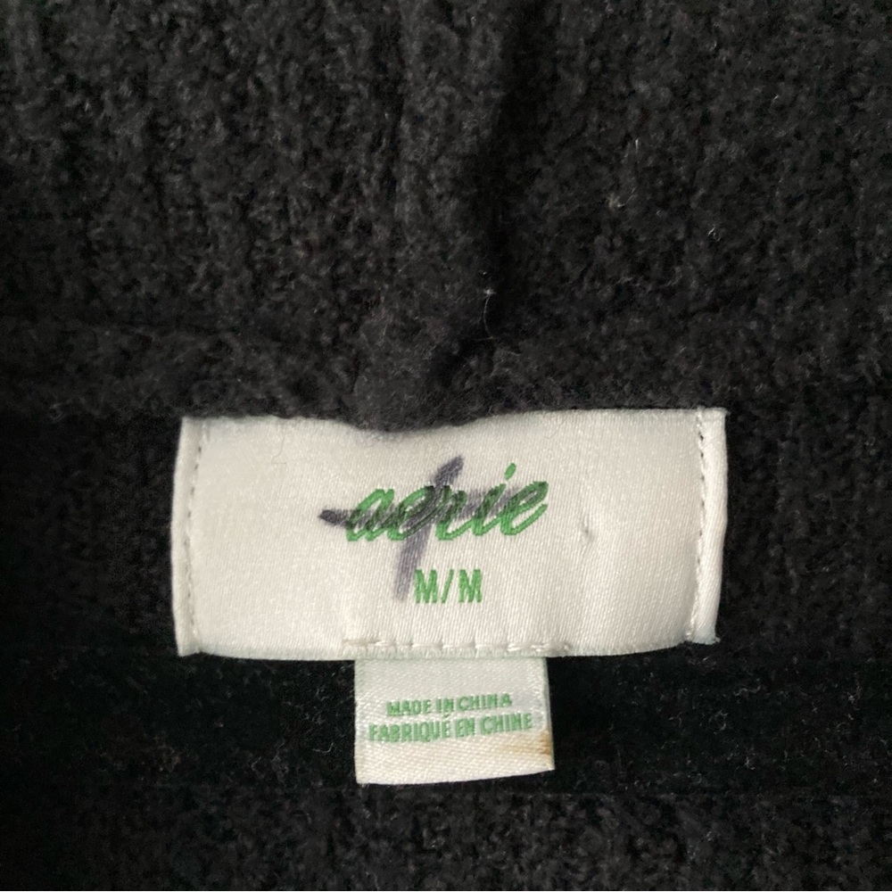 Aerie Women’s Comfy Waffle Knit Black Hooded Sweater V-Neck Medium - Picture 4 of 10